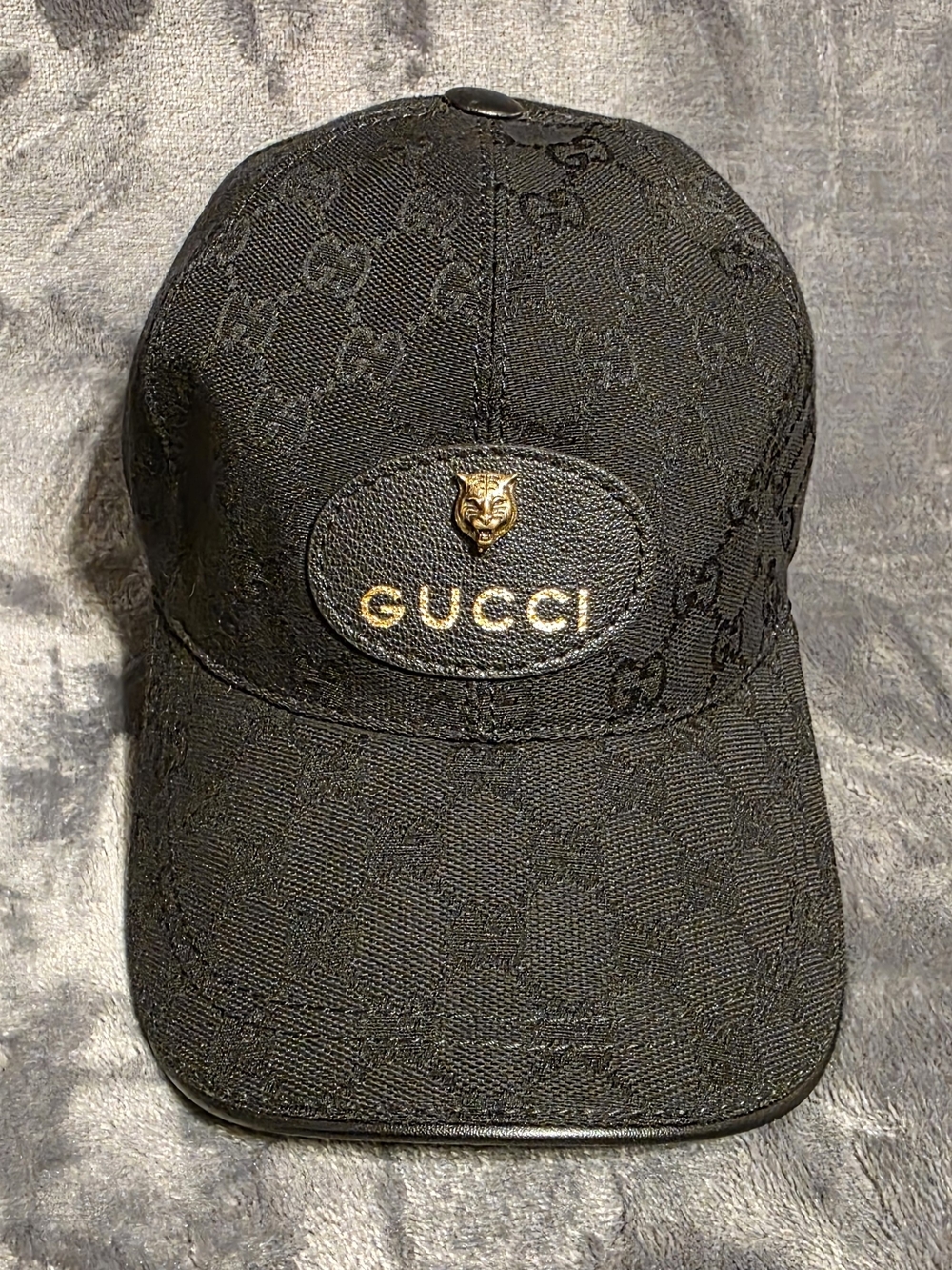 Gucci Black And Gold Embossed Baseball Cap With Tiger
